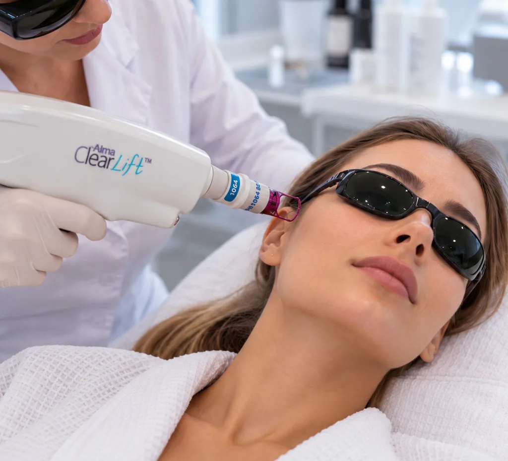 Лазерная процедура Alma ClearLift: пациентка в защитных очках